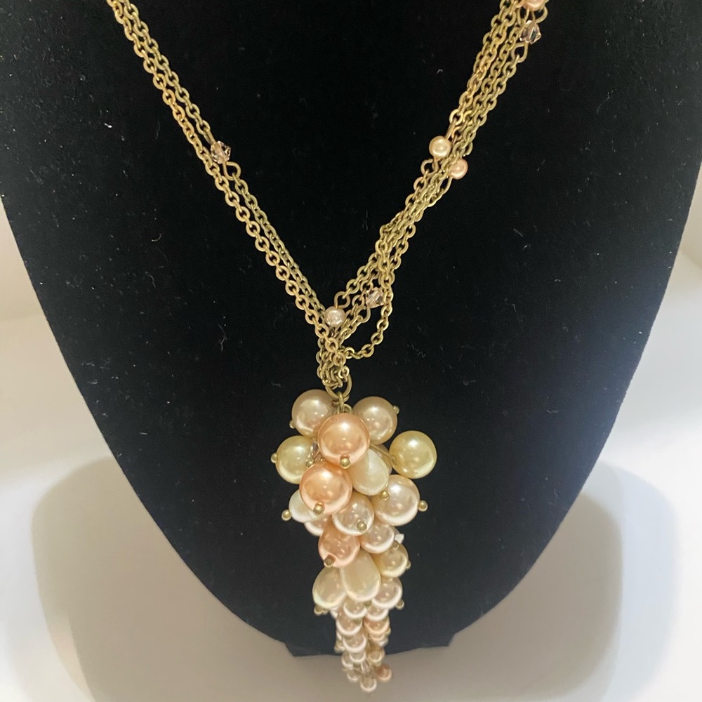 Gold Tone Multi-Color Pearl Cluster Pendant Necklace